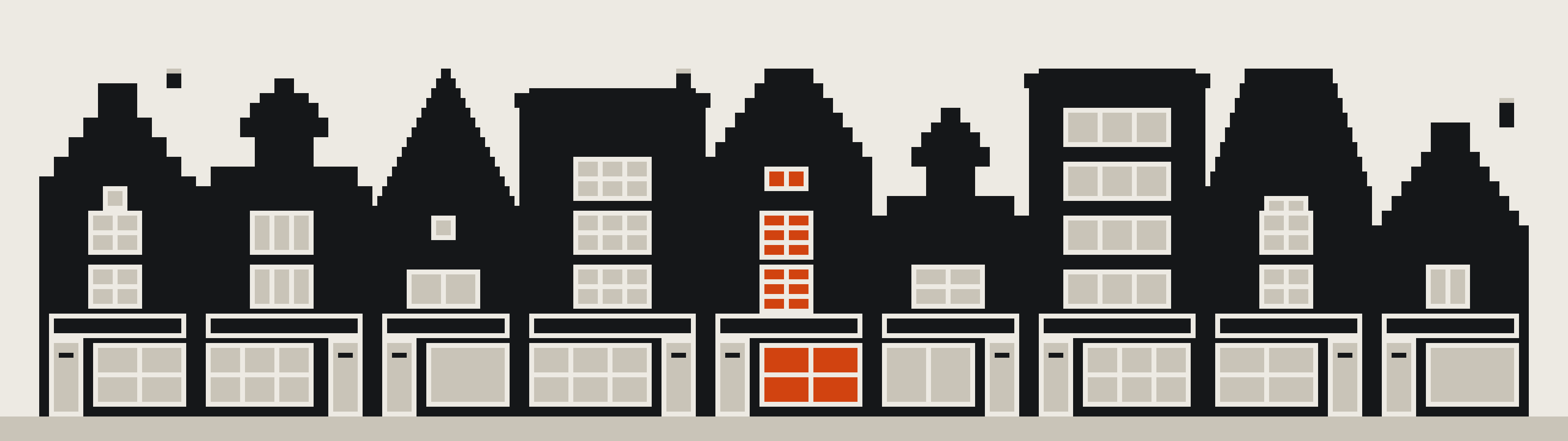 A row of nine shopfronts built from square blocks. Eight of them are dark; in the middle one the windows glow orange.